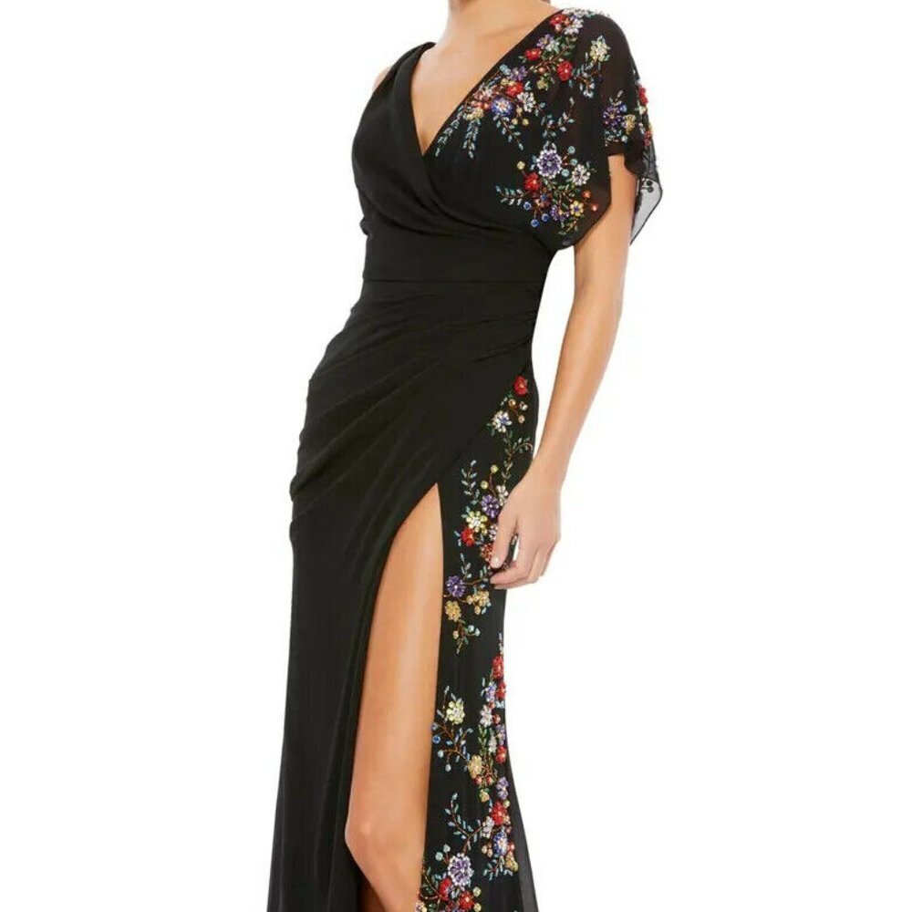 Mac Duggal Black Embellished Beaded Angel Sleeve Chiffon Gown